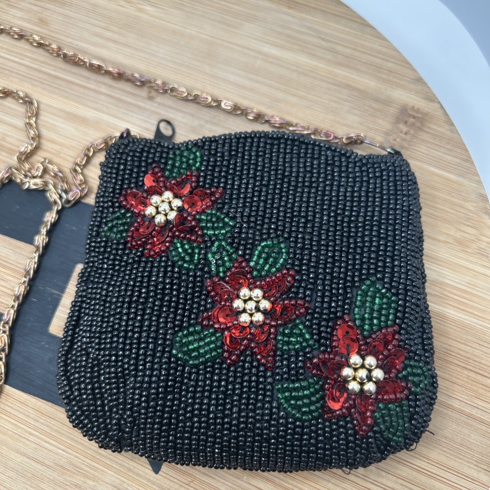 Beaded Poinsettia Zippered Pouch Clutch Coin Purse Small 7 3/4" x 4 3/4" Holiday